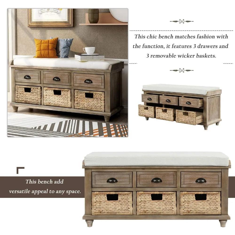 Wood Storage Bench with 3 Drawers, 3 Rattan Baskets,