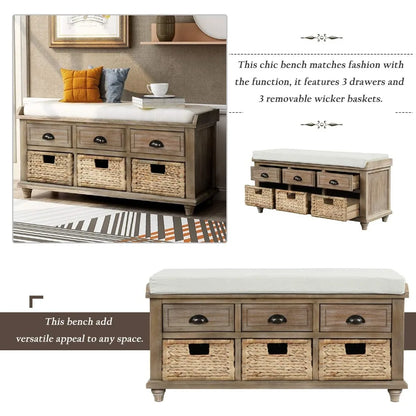 Wood Storage Bench with 3 Drawers, 3 Rattan Baskets,