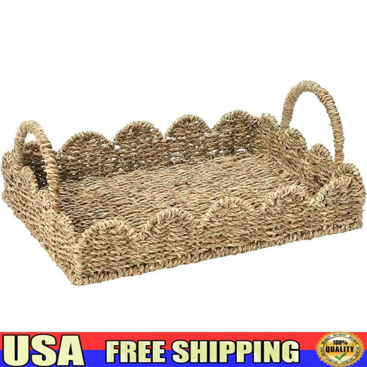 Handwoven Seagrass Tray with Scalloped Edge and Handles