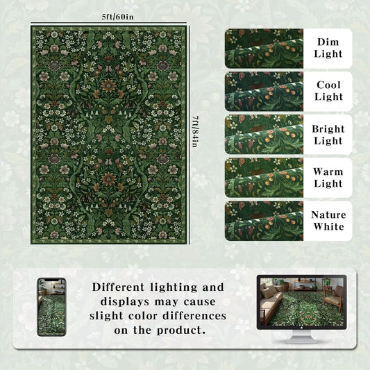 5x7 Dark Green Washable Floral Rug, Vintage Boho Soft Low-Pile for Living Room, Bedroom, Dining