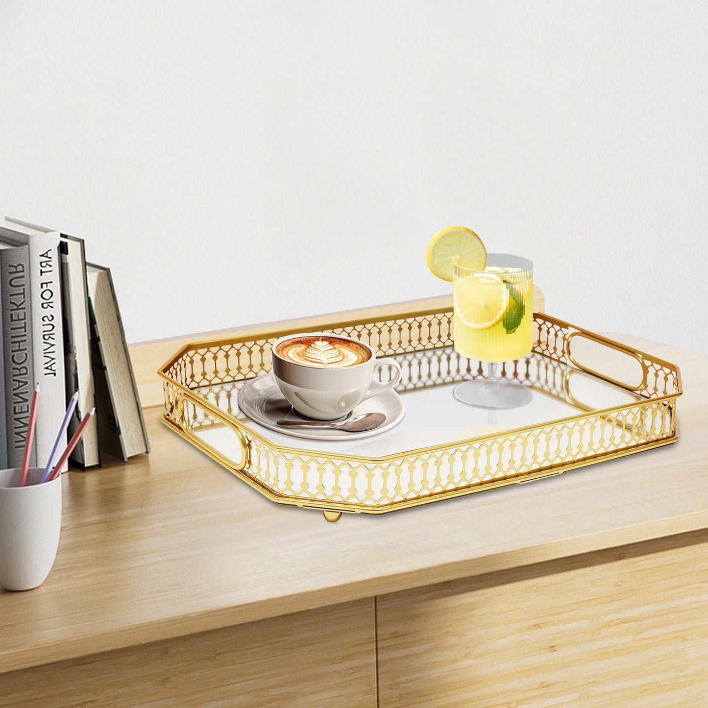 Octagon Glass Makeup Tray with Mirror