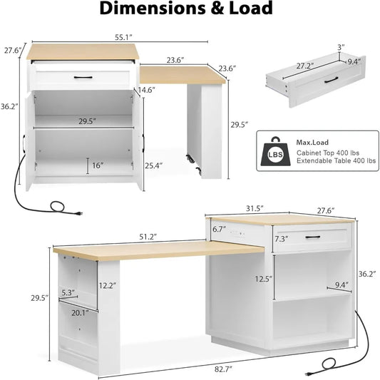 82.7" Kitchen Island with Extendable Dining Table for 4-6, with Storage, Charging Station, 2 Drawers & 2 Side Open Shelves for