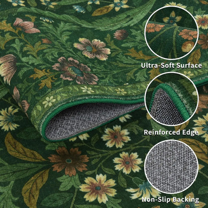5x7 Dark Green Washable Floral Rug, Vintage Boho Soft Low-Pile for Living Room, Bedroom, Dining
