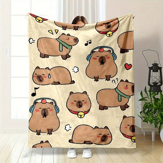 Cartoon Capybara Flannel Blanket 100% Polyester Reversible All-Season Throw Soft Durable Cute Animal Print