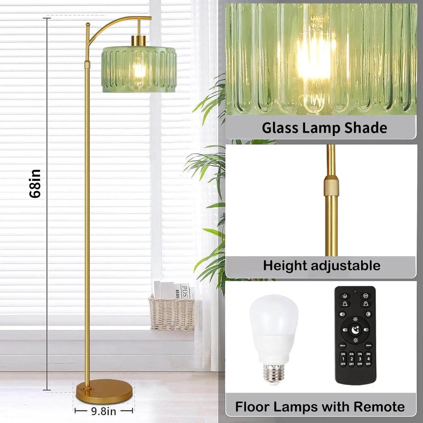 Gold Dimmable Floor Lamp with Remote, Mid Century Modern Brass Standing Light for Living Room Bedroom