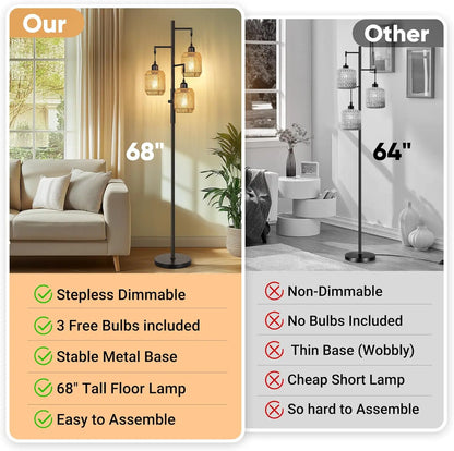 Dimmable Boho Floor Lamp with Rattan Cages, 3 LED Bulbs, Stepless Dimming, 68" Black for Living Room & Bedroom
