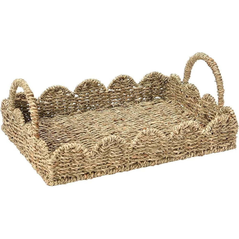 Handwoven Seagrass Tray with Scalloped Edge and Handles