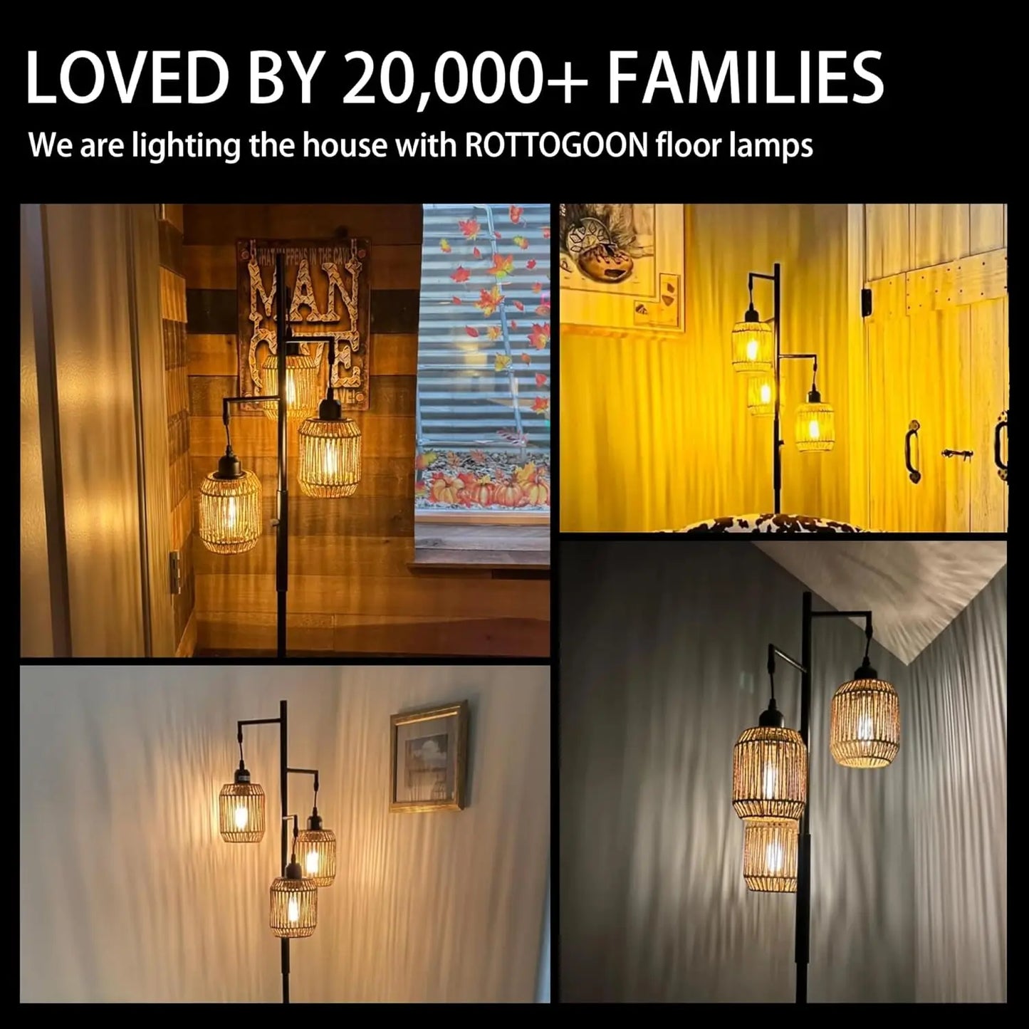 Dimmable Boho Floor Lamp with Rattan Cages, 3 LED Bulbs, Stepless Dimming, 68" Black for Living Room & Bedroom