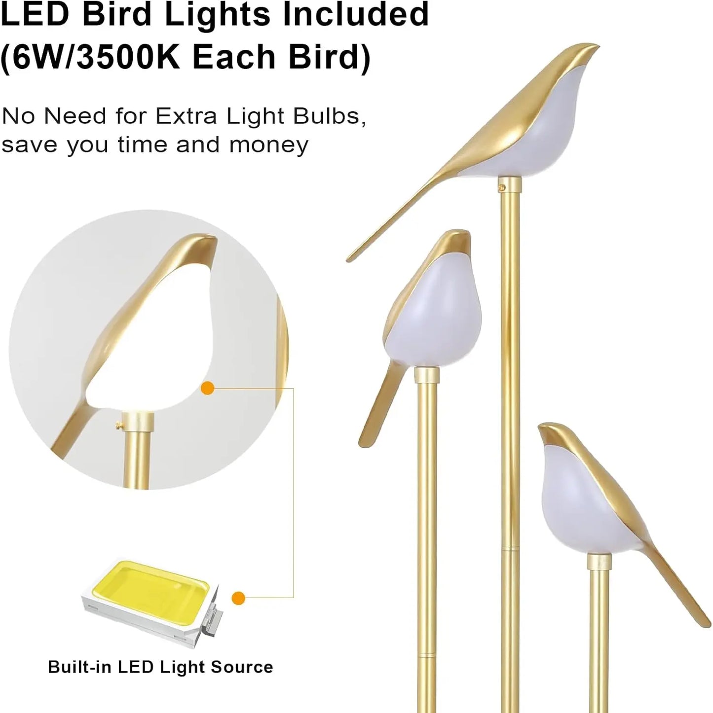 Modern Gold Floor Lamp with Adjustable LED Bird Lights and Wood Shelf for Living Room Bedroom