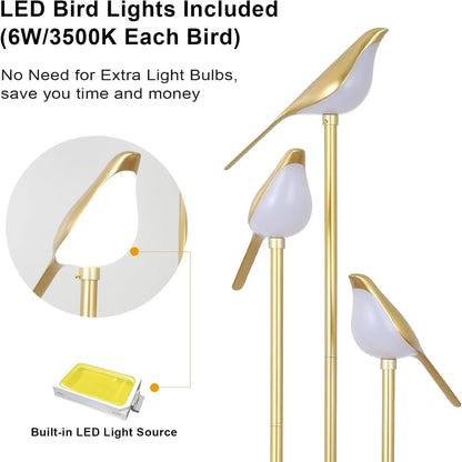 Modern Gold Floor Lamp with Adjustable LED Bird Lights and Wood Shelf for Living Room Bedroom