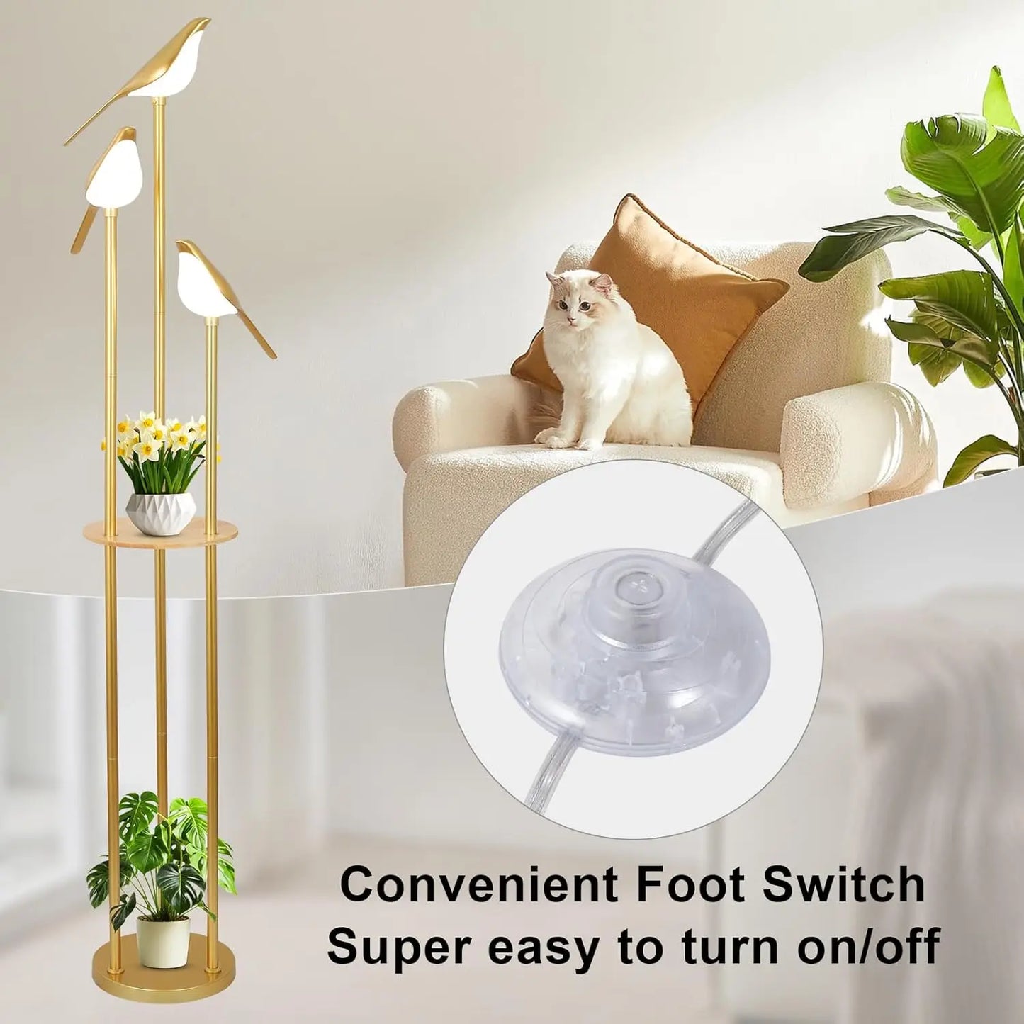 Modern Gold Floor Lamp with Adjustable LED Bird Lights and Wood Shelf for Living Room Bedroom