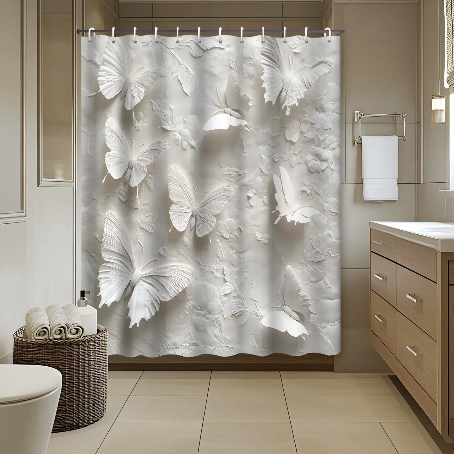 1pc White Theme Modern Butterfly Shower Curtain