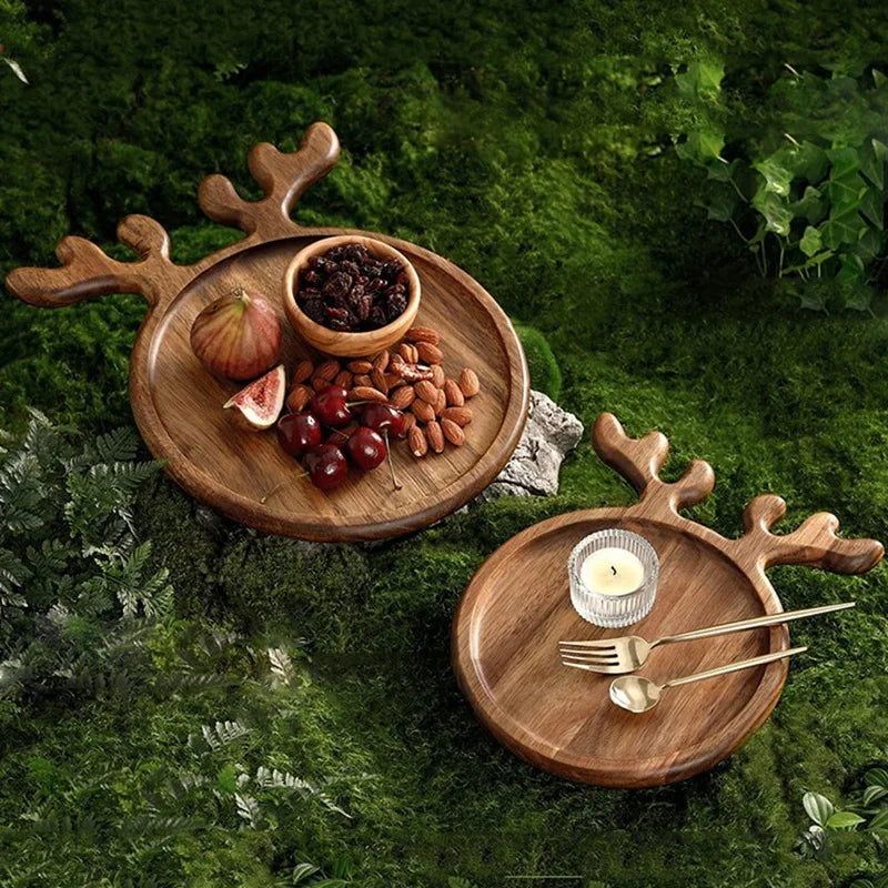 Wood Serving Platter With Antler Handle