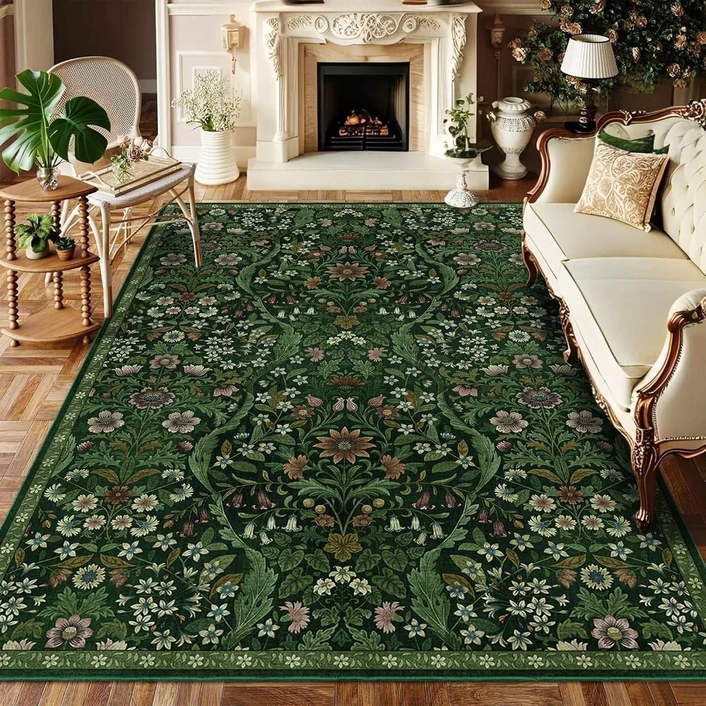 5x7 Dark Green Washable Floral Rug, Vintage Boho Soft Low-Pile for Living Room, Bedroom, Dining