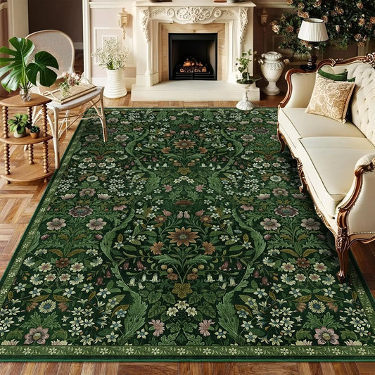 5x7 Dark Green Washable Floral Rug, Vintage Boho Soft Low-Pile for Living Room, Bedroom, Dining