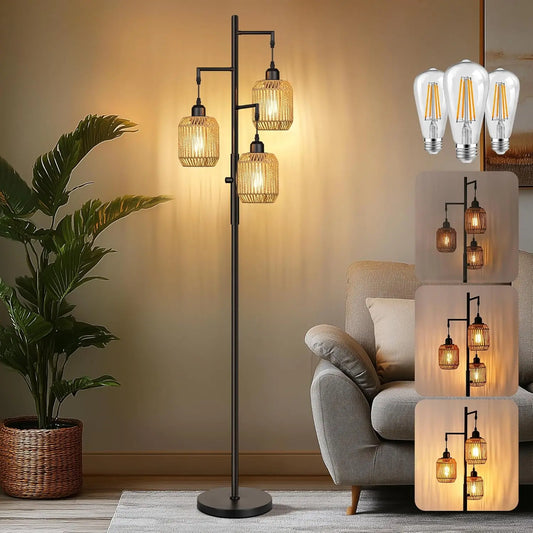 Dimmable Boho Floor Lamp with Rattan Cages, 3 LED Bulbs, Stepless Dimming, 68" Black for Living Room & Bedroom