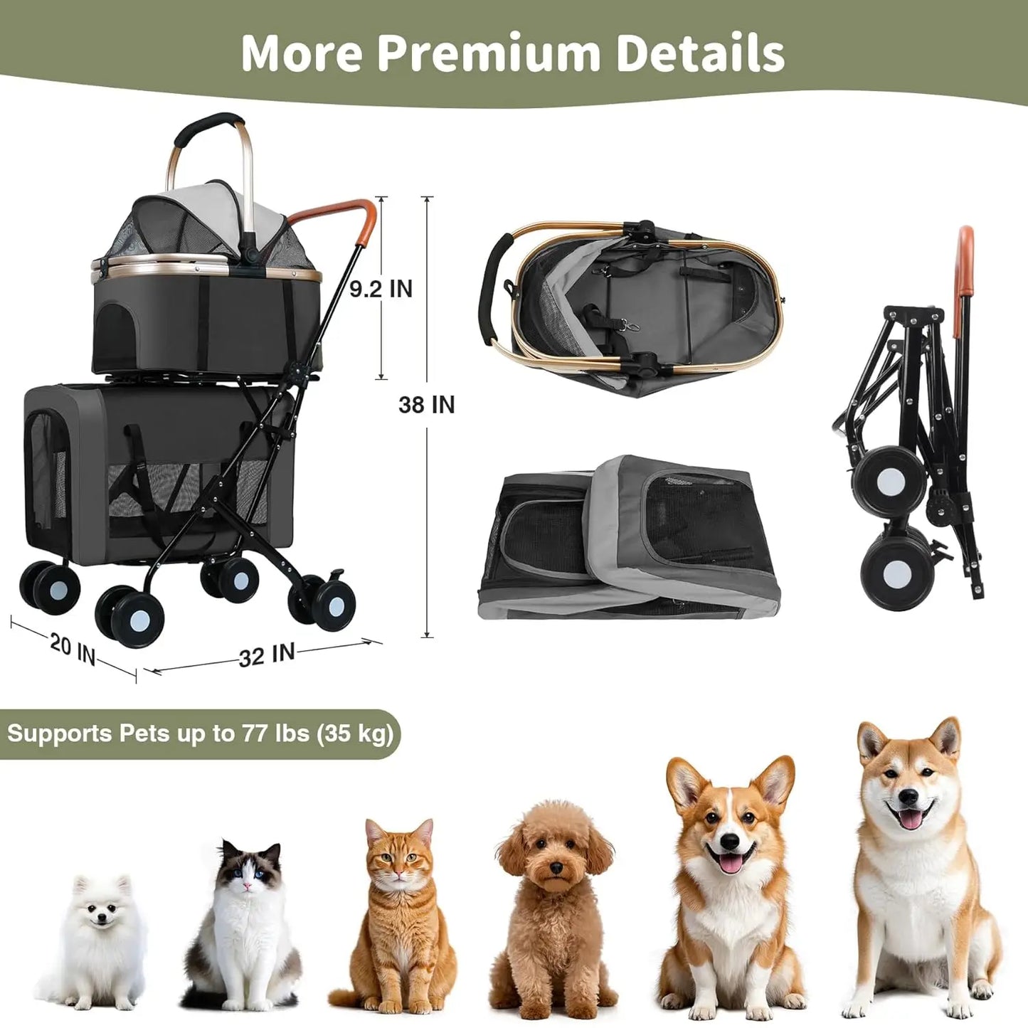 Foldable Double Pet Stroller for Dogs & Cats