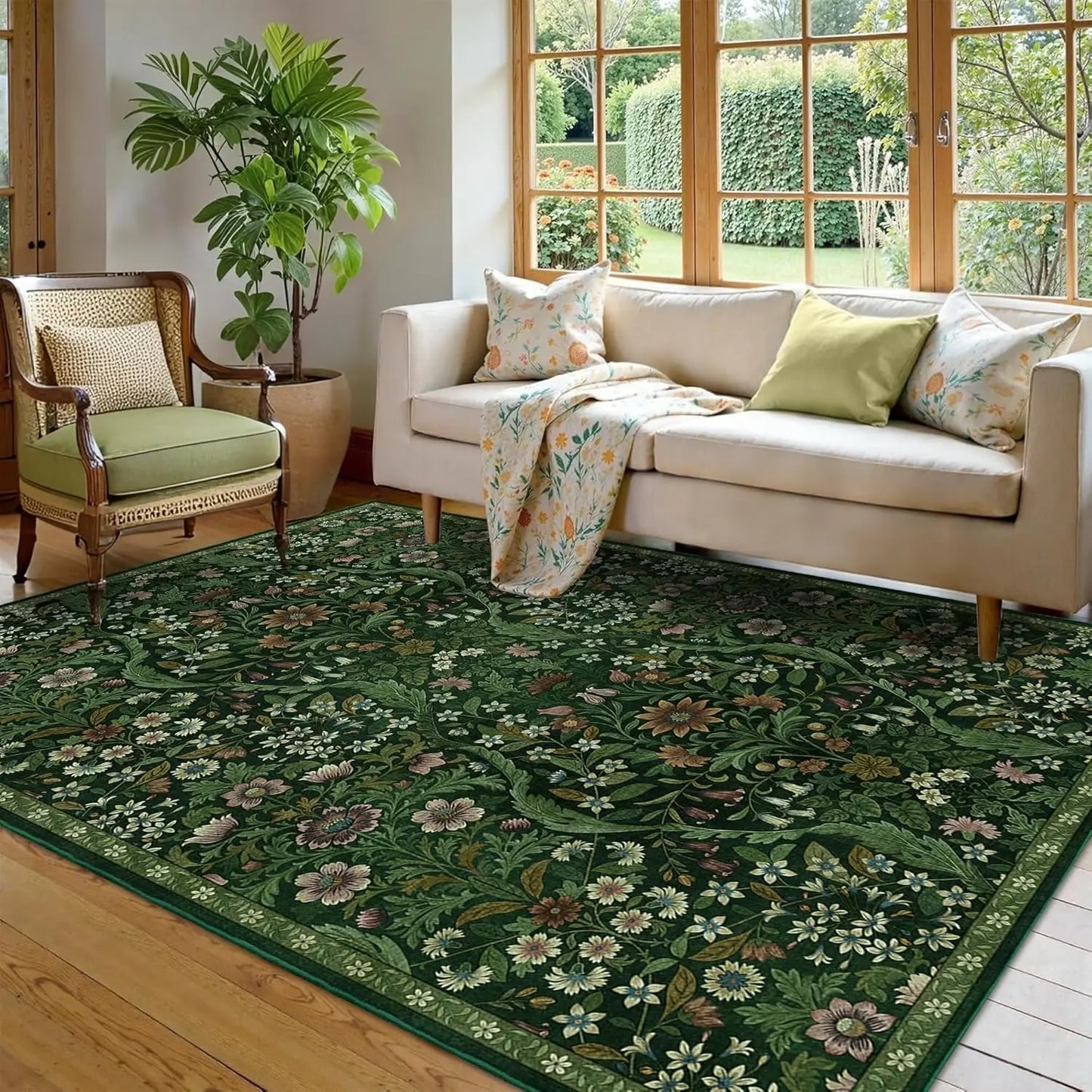 5x7 Dark Green Washable Floral Rug, Vintage Boho Soft Low-Pile for Living Room, Bedroom, Dining