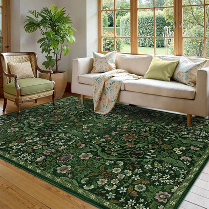 5x7 Dark Green Washable Floral Rug, Vintage Boho Soft Low-Pile for Living Room, Bedroom, Dining