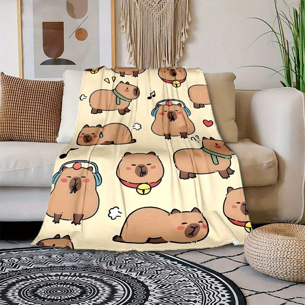 Cartoon Capybara Flannel Blanket 100% Polyester Reversible All-Season Throw Soft Durable Cute Animal Print