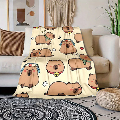 Cartoon Capybara Flannel Blanket 100% Polyester Reversible All-Season Throw Soft Durable Cute Animal Print