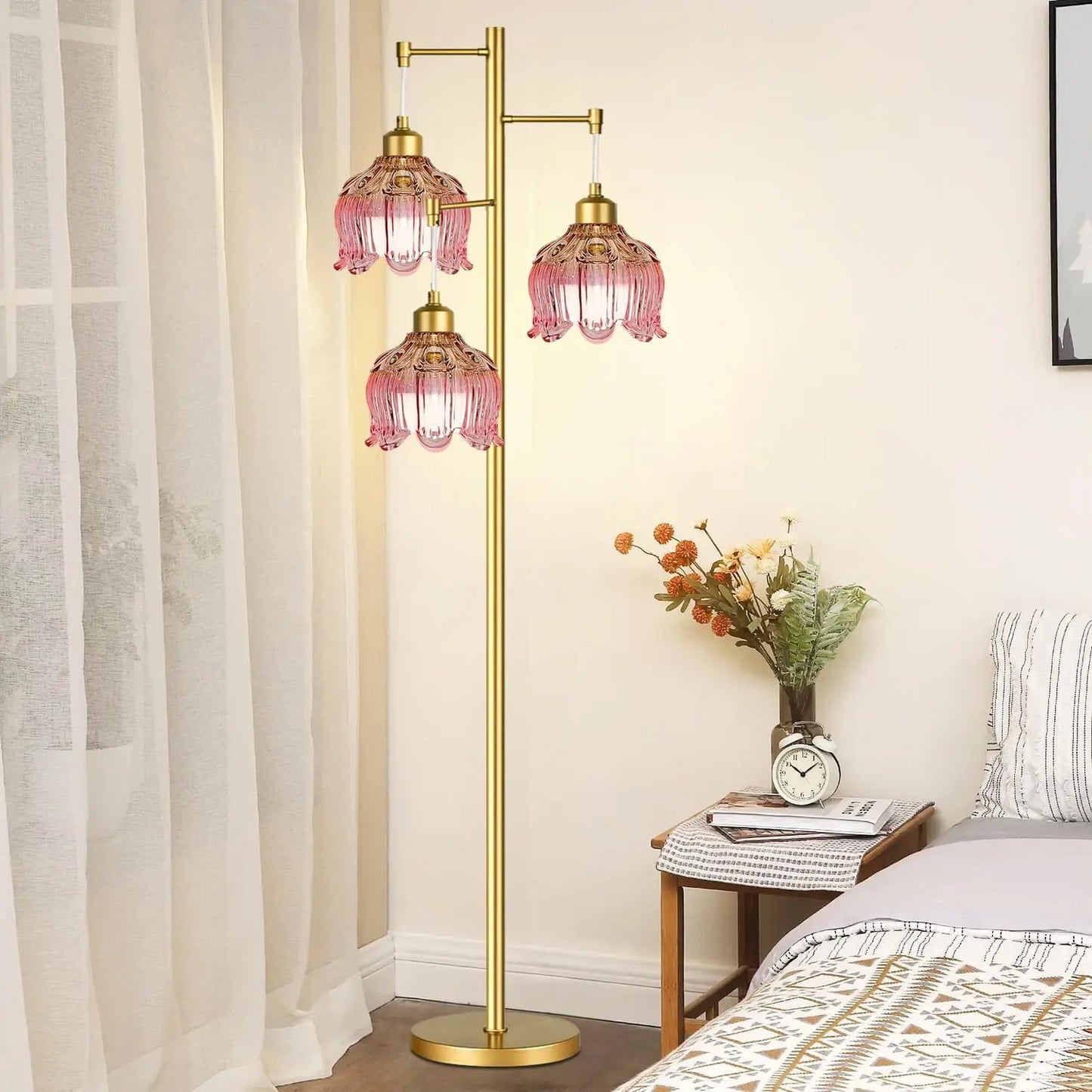 Pink Mid-Century Modern Floor Lamp with Gold Brass Tree Design, 3 Adjustable Lights for Living Room and Bedroom