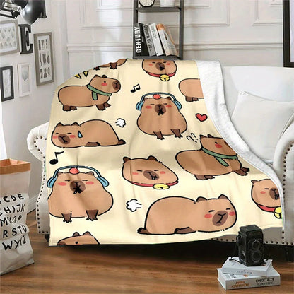 Cartoon Capybara Flannel Blanket 100% Polyester Reversible All-Season Throw Soft Durable Cute Animal Print