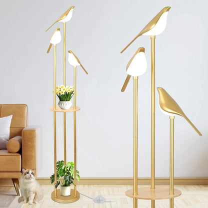 Modern Gold Floor Lamp with Adjustable LED Bird Lights and Wood Shelf for Living Room Bedroom