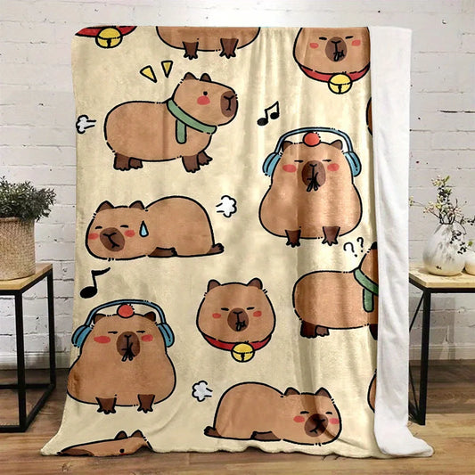 Cartoon Capybara Flannel Blanket 100% Polyester Reversible All-Season Throw Soft Durable Cute Animal Print