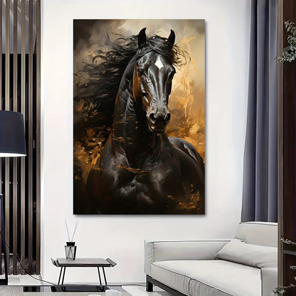 Black horse running canvas print