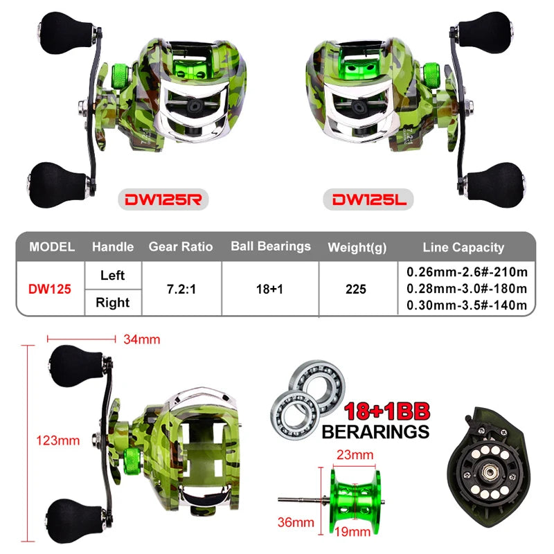 7.2:1 Gear Ratio Stainless Steel Baitcasting Reel