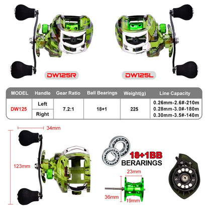7.2:1 Gear Ratio Stainless Steel Baitcasting Reel