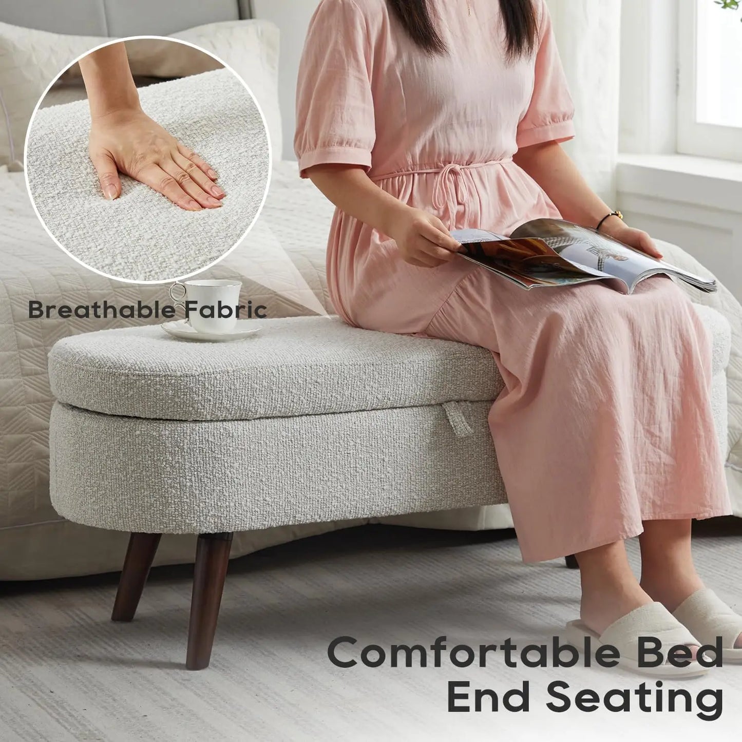 43.8" Boucle Storage Ottoman Bench