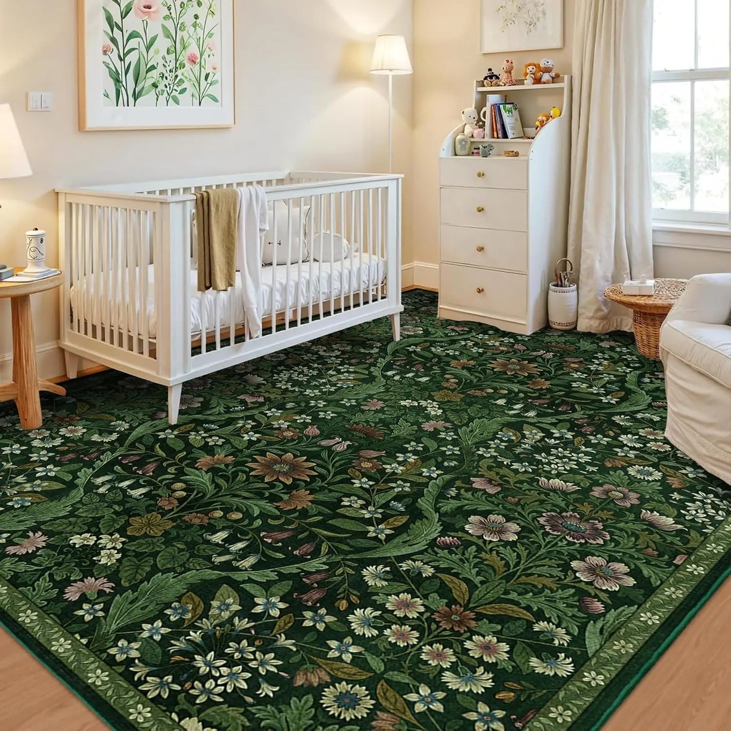 5x7 Dark Green Washable Floral Rug, Vintage Boho Soft Low-Pile for Living Room, Bedroom, Dining
