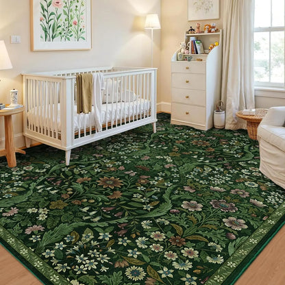 5x7 Dark Green Washable Floral Rug, Vintage Boho Soft Low-Pile for Living Room, Bedroom, Dining