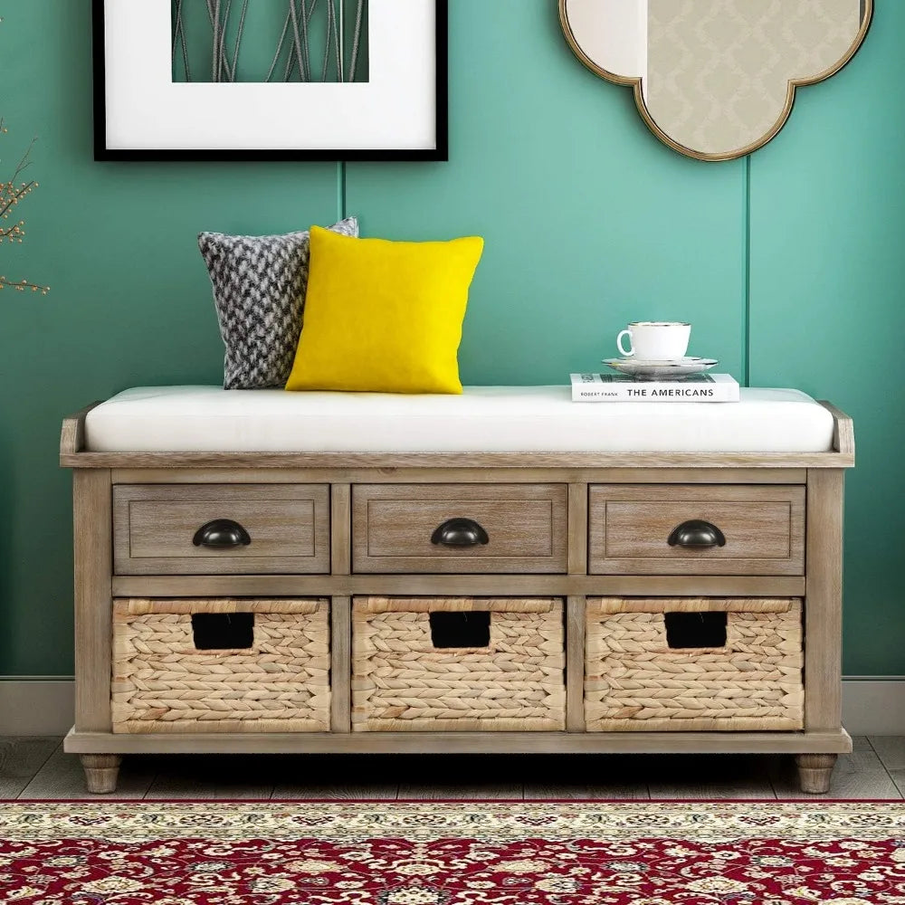 Wood Storage Bench with 3 Drawers, 3 Rattan Baskets,