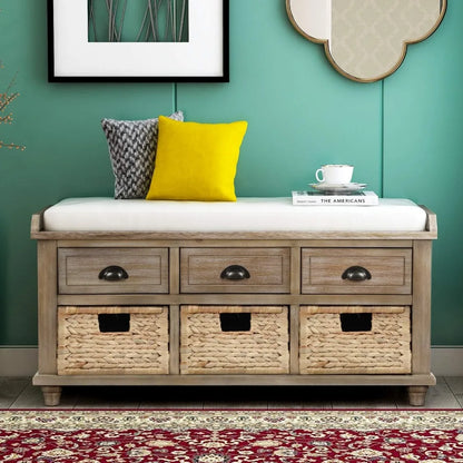 Wood Storage Bench with 3 Drawers, 3 Rattan Baskets,
