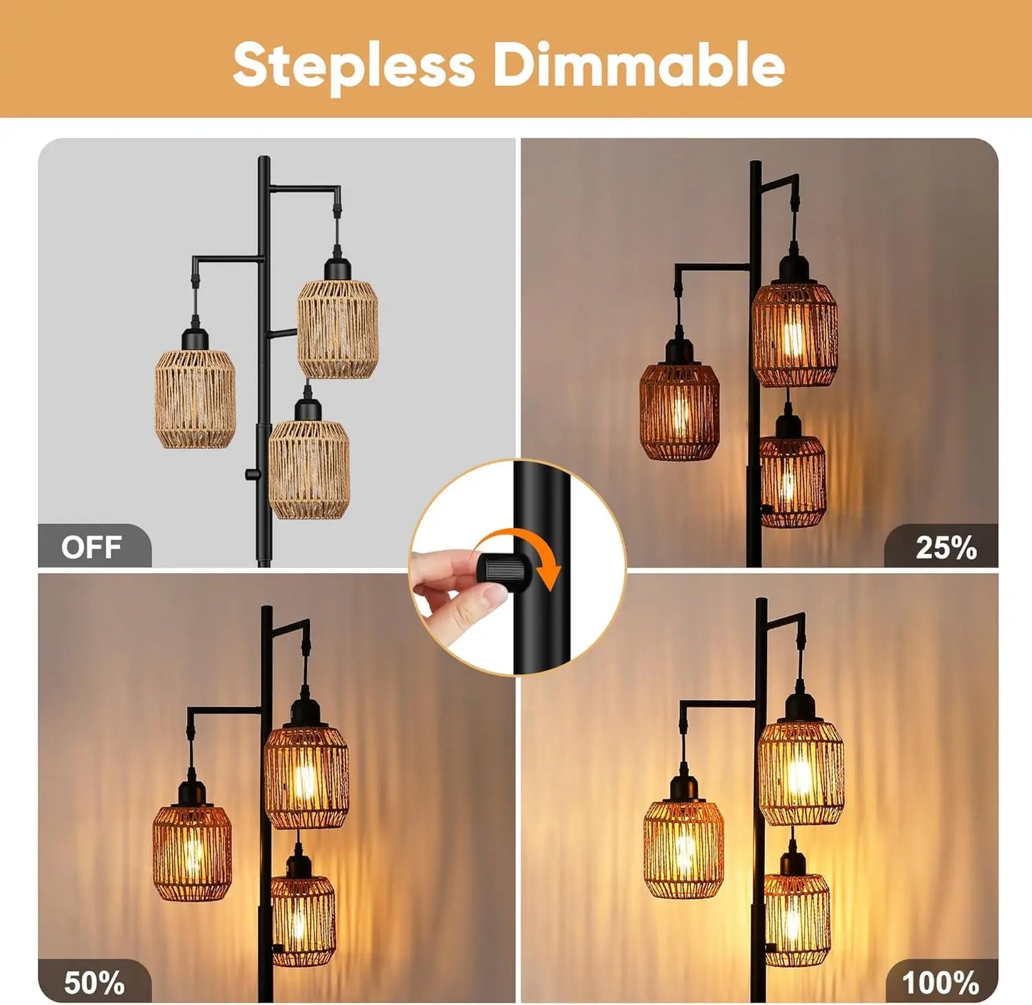 Dimmable Boho Floor Lamp with Rattan Cages, 3 LED Bulbs, Stepless Dimming, 68" Black for Living Room & Bedroom