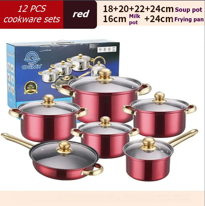12PCS Red Stainless Steel Cookware