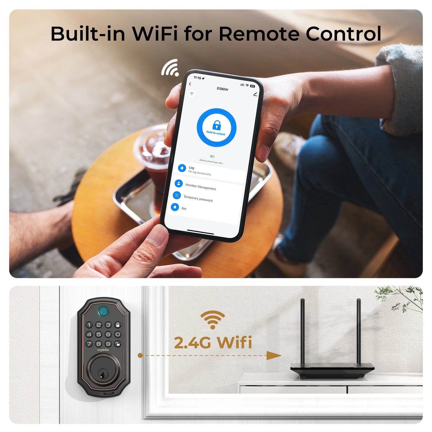 Arpha Smart Lock ‎D280W Keyless Entry Door Lock Fingerprint Bulit-in WiFi Deadbolt Electronic Keypad Auto-Lock Easy Installation