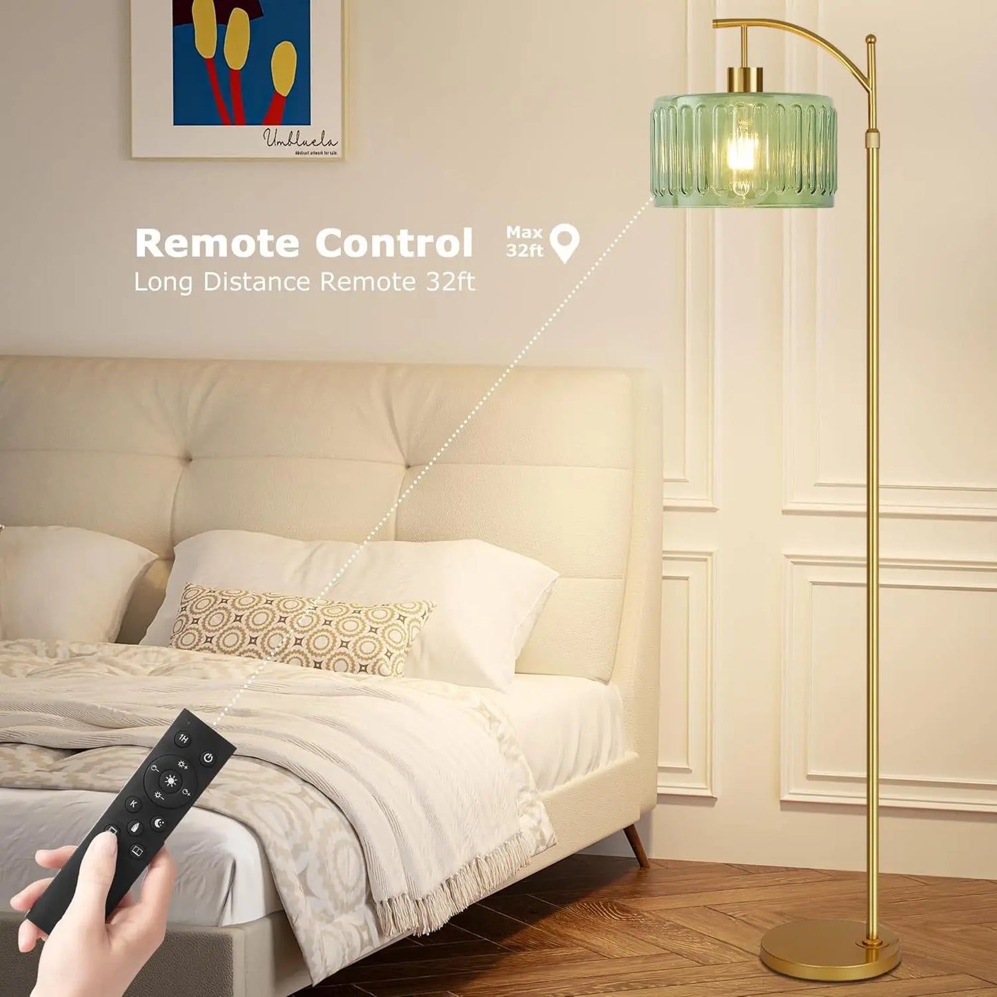 Gold Dimmable Floor Lamp with Remote, Mid Century Modern Brass Standing Light for Living Room Bedroom