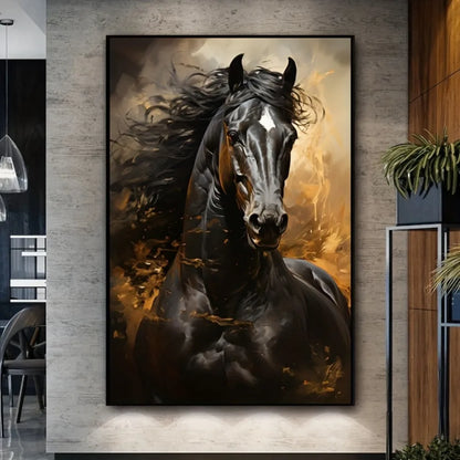Black horse running canvas print