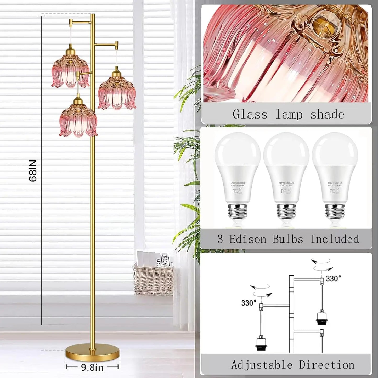 Pink Mid-Century Modern Floor Lamp with Gold Brass Tree Design, 3 Adjustable Lights for Living Room and Bedroom
