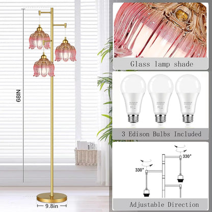 Pink Mid-Century Modern Floor Lamp with Gold Brass Tree Design, 3 Adjustable Lights for Living Room and Bedroom